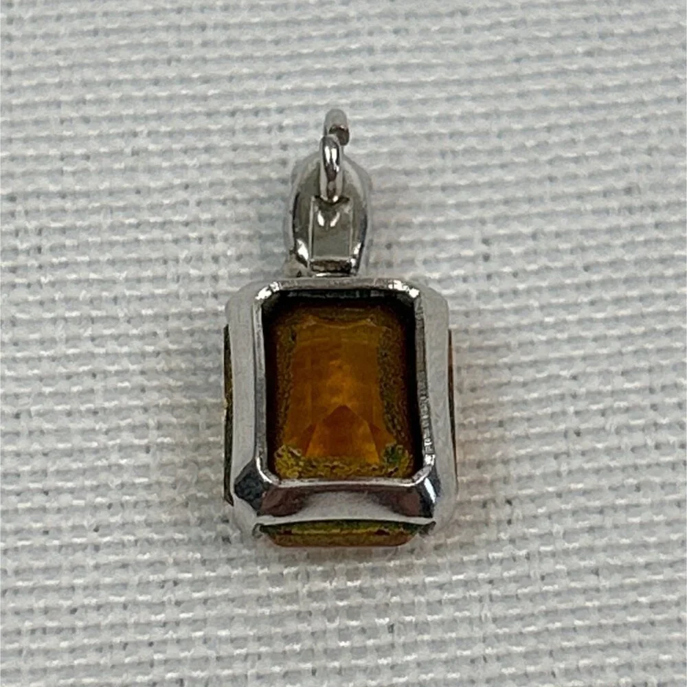 Silver Tone Pendant Emerald Cut Amber Color Gemstone Small Clear Accent Stone - Picture 4 of 4